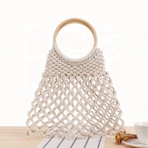 กระเป๋าชายหาดตาข่ายลายผ้าฝ้าย กระเป๋าถือช้อปปิ้งลำลอง กระเป๋าโครเชต์หูไม้ - Product Image 1