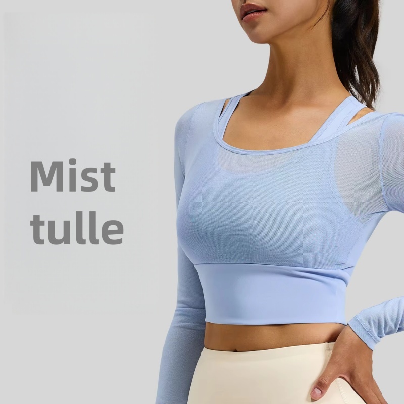 Breathable Mesh Yoga Long-Sleeve Slimming Top Fixed Padded Bra Sports Wear Women Summer