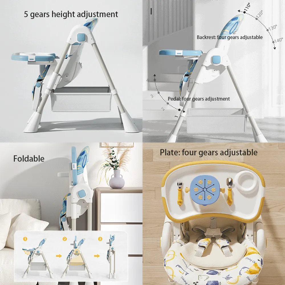 New Arrivals Multi-Function Modern OEM Foldable Plastic Portable Baby Dining Feeding High Chair with Wheel