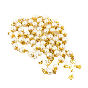 Collier chapelet imitation perles, chaîne dorée, design croix, bijoux unisexe, cadeau - Product Image 4