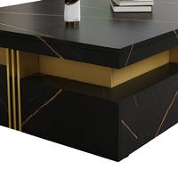 Table basse carrée moderne aspect marbre noir avec tiroirs de rangement, structure métallique, pour salon, salle à manger, hôtel, maison