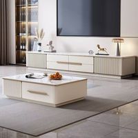 Ensemble Table Basse et Meuble TV en Bois Massif avec Plateau en Quartz Crème, Style Luxe Léger et Minimaliste Moderne, Meubles de Salon