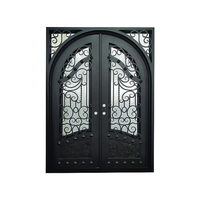 Porte en acier forgé européen rétro à double entrée avec vitrage pour cour de villa, taille personnalisée