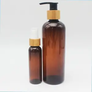 500ml 300ml 200ml 100ml PET Plastic Bottles Lotion Pumps for shampoo cosmetic toner container with pump spray lid bamboo BPB-05Z