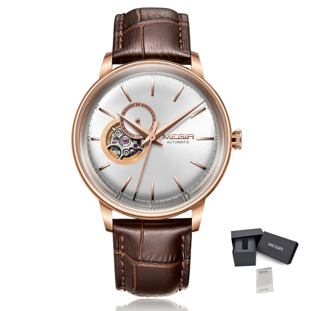 MEGIR 62057 Automatic Men's Sport Watch 5ATM Waterproof Big Dial Wristwatch Mechanical Movement Buckle Luxury Business Leather