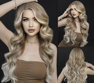 Perruque synthétique longue ondulée de qualité supérieure, résistante à la chaleur, en fibre, ombrée blond platine, avec raie latérale, perruques Lace Front pour femmes - Product Image 4