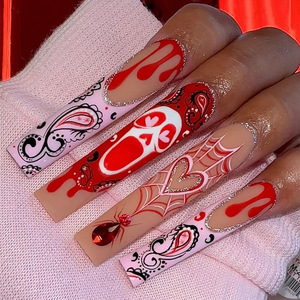 Nuevo diseño salón <span class=keywords><strong>de</strong></span> <span class=keywords><strong>uñas</strong></span> belleza largo Stiletto Squoval <span class=keywords><strong>Halloween</strong></span> acrílico <span class=keywords><strong>uñas</strong></span> postizas cubierta completa Prensa en <span class=keywords><strong>uñas</strong></span> arte - Product Image 2