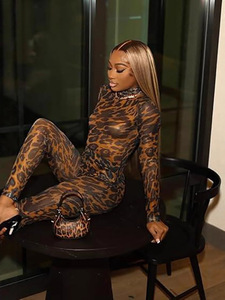 2026 Women Leopard Print <strong>Mesh</strong> Jumpsuit, Turtleneck Full Sleeve See Through Club Workout <strong>Catsuit</strong> - Product Image 3