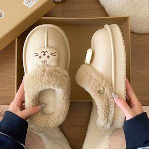 Chaussons en laine à semelle épaisse antidérapante pour l'hiver et l'automne, adaptés à l'intérieur et à l'extérieur, style maison en coton. - Product Image 5