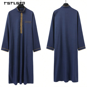 <b>Men</b> Navy Blue <b>Thobe</b> Gold Thread Chain Embroidery Stand Collar Long Sleeve Loose Full-Length Saudi Islamic Modest Formal Robe - Product Image 3