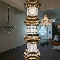 Lustre en cristal cylindrique multi-niveaux sur mesure, luminaire suspendu vertical haut pour villa, escalier, plafond haut, atrium