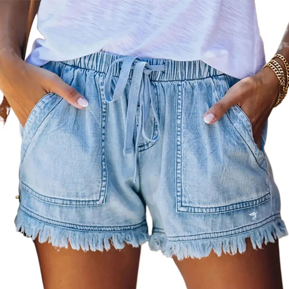 SMO celana pendek Denim wanita, celana Denim pinggang tinggi ukuran besar saku rumbai warna polos musim panas untuk perempuan