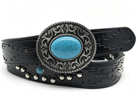 Ceinture de cowboy western en similicuir gaufré clouté avec boucle ovale argentée turquoise pour homme, accessoires de costume vintage
