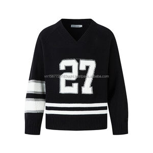 Suéter Personalizable con Número Jacquard, Cuello en V, Moda Urbana, Primavera-Otoño, Holgado, Informal, de Manga Larga, Tejido de Punto - Product Image 4