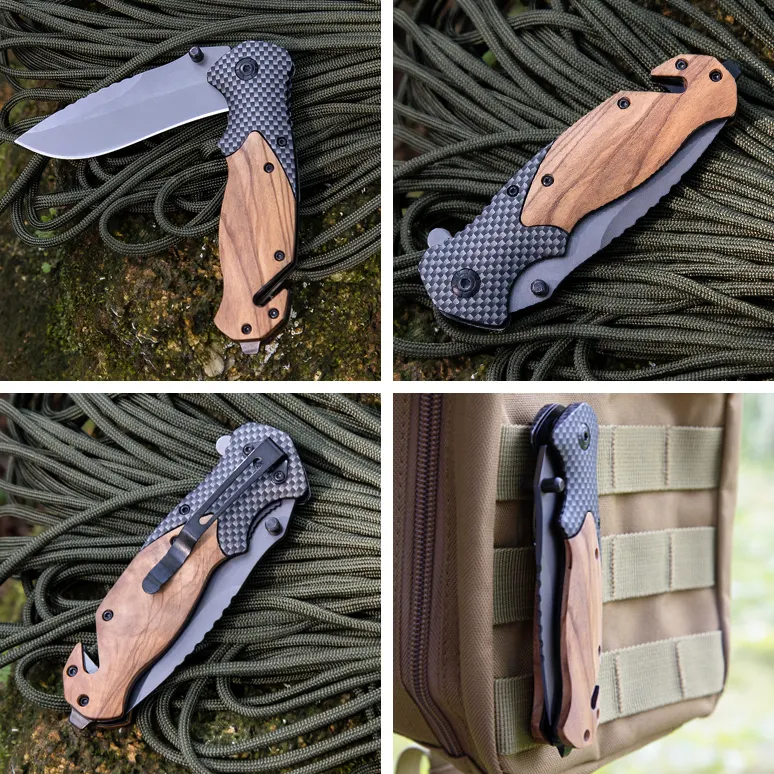 Ready to Ship X50 olive wood handle outdoor camping survival knife self defense tactical folding custom hunting pocket knife