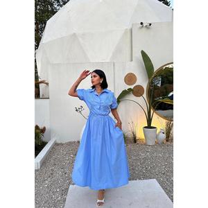 Vestido Camisero Azul con Cuello, Cintura Elástica, Tejido Transpirable, Vestido Casual Diario - Product Image 3