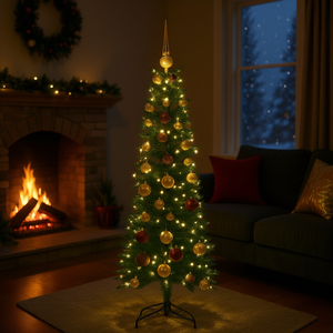 Sapin de Noël artificiel vert de 59,06 pouces avec 150 LED blancs chauds pour un éclairage festif, forme triangulaire, en plastique - Product Image 2