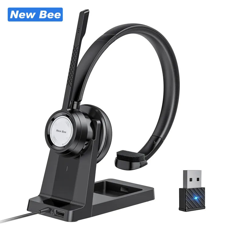 New Bee Headphone Call Center Bluetooth Headset With Microphone Noise Canceling Single Ear Wireless Headset With Stand