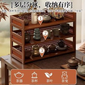 Desktop Shelf <b>3</b> Tier Small Wood Storage Rack For Tea Set And Purple Clay Teapot Display On Office Desk - Product Image 3