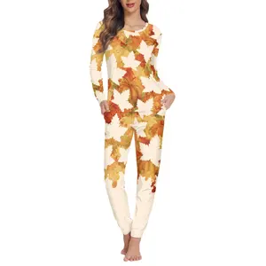 Factory Supply Sleepwear Suit Print Maple Leaves Pumpkin Pattern Soft Women's Pajamas Two Piece Set In Thanksgiving Day