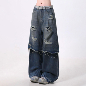 Jeans Baggy da Donna di Alta Qualità con Effetto Vintage, Sbiadito, Distressed, Plissettato, Gamba Larga, Pesante, Patchwork in Denim Lavato - Product Image 2