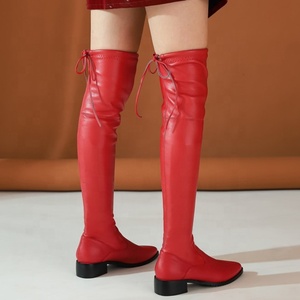 Solid PU Big Size 43 Women Over Knee High <b>Boots</b> Thigh High Pointed Back Lace up <b>Boots</b> for Women Med Chunky Heel Long Booties - Product Image 5