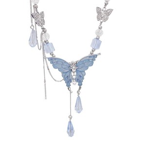 Korean Heavy Industry Blue Crystal Minimalist <b>Necklace</b> Women's <b>Long</b> Tassel High-end Clavicle Chain Electroplated X1894 Silver Ko - Product Image 5