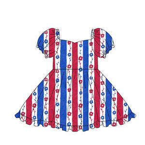 GSD3792 Vestido personalizado de verano para niña, con estampado de bandera del 4 de julio y rayas azules, hasta la rodilla, de manga corta, al por mayor - Product Image 3