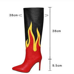 Bottes à talons hauts fins à bout pointu motif flamme rouge 2022, grande taille 44, bottes courtes au-dessus du genou pour femme, chaussures à enfiler, hiver-printemps - Product Image 6