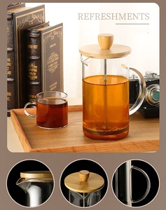 Cafetière à piston manuelle 350 ml/600 ml 800 ml/1000 ml avec couvercle en bambou et filtre en acier inoxydable 304, cafetière en <span class=keywords><strong>verre</strong></span> - Product Image 5