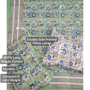 Sang Trọng 100% Tinh Khiết Bông Bedsheet Đặt Ngọc Lục Bảo Màu Xanh Lá Cây Với Tay Khối In Làm Mát Mùa Hè Bộ Đồ Giường Bao Gồm 2 Gối Trường Hợp Lanh - Product Image 4