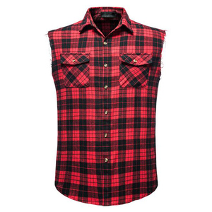 Áo sơ mi nam mùa hè chất liệu flannel kẻ caro, không tay, hai túi, kiểu dáng cao bồi, cài nút, chất liệu cotton, kiểu áo vest kẻ caro - Product Image 1