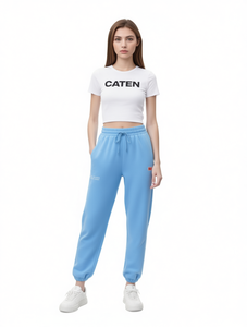 Pantalones Deportivos Caten para Mujer, Color Azul Claro, Cintura Alta, Cordón Ajustable, Largos, Color Sólido, Bolsillos Laterales, Transpirables, Corte Regular, Primavera - Product Image 1