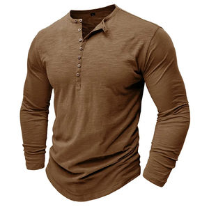 Henry Neck Fashion Design Slim Fit Solid <b>Top</b> with Short <b>Sleeves</b> Customizable Blank <b>Long</b>-Sleeved Multi-Button Base Layer T-Shirt - Product Image 5