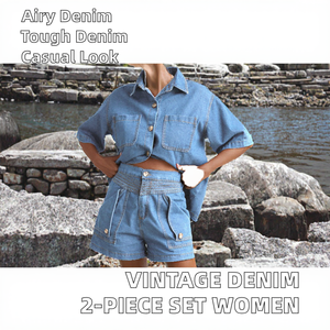 Ensemble 2 pièces en jean délavé vintage de haute qualité pour femme : chemisier élégant à boutons et short décontracté à col rabattu et manches courtes - Product Image 2