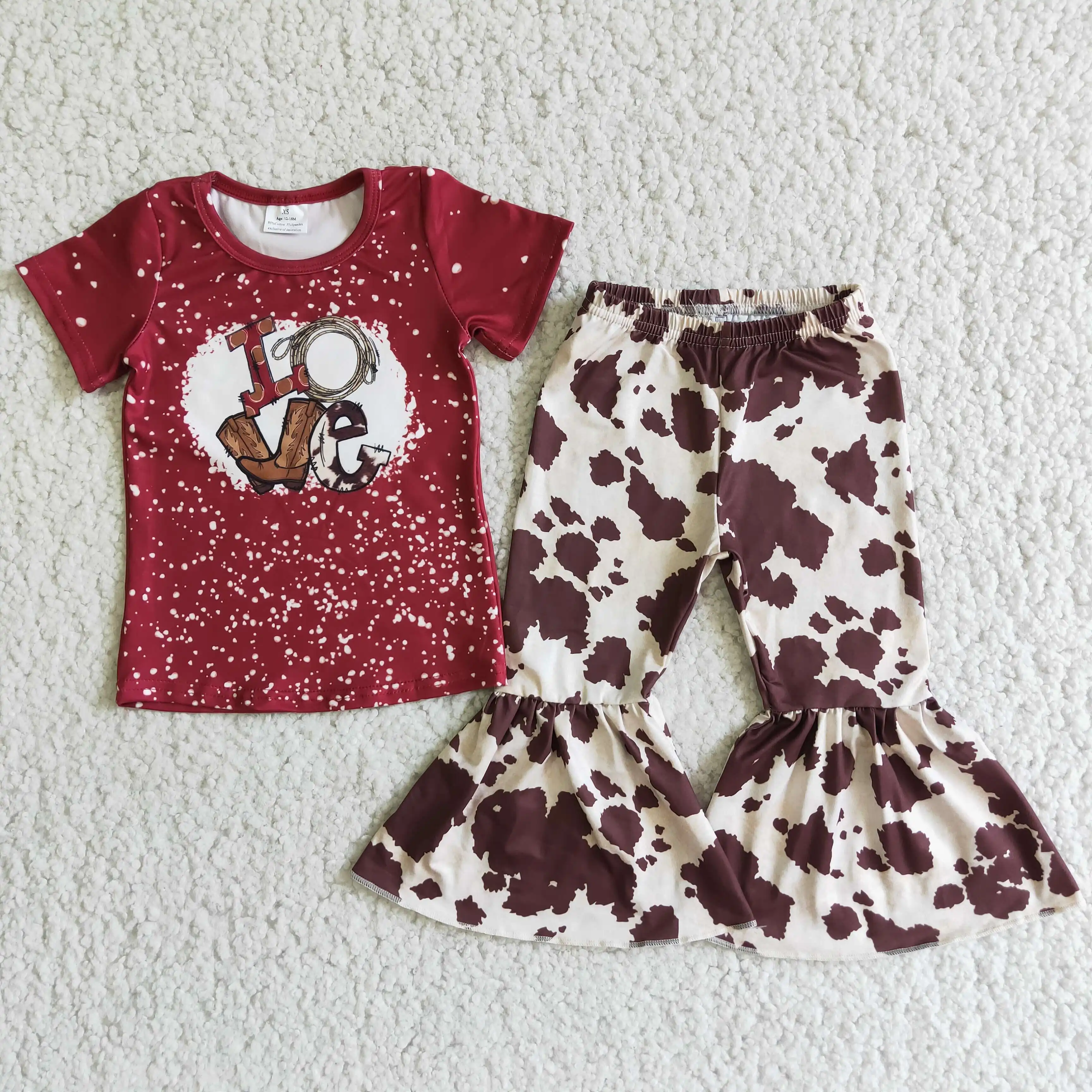 Baby Meisjes Lente Kleding Western Country Meisjes Love Boots Koe Print Top Bijpassende Bell Bottom Broek Zomer Kleding Set