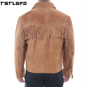 Oem Odm Western <b>Suede</b> Fringe <b>Jacket</b> <b>Men</b> Tan Leather Lace Yoke Windbreaker Streetwear Outerwear Manufacturers Bulk - Product Image 5