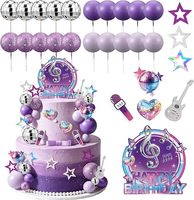 Set de 38 Adornos para Pastel de Fiesta, Bola de Discoteca, Estrella, Guitarra, Micrófono, Corazón, Feliz Cumpleaños, Decoración de Pastel con Temática Musical Morada