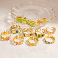Anillos Abiertos de Acero Inoxidable SUMMLY con Esmalte de Flores y Hojas, Impermeables, Hipoalergénicos, Ajustables, Estilo Bohemio, Joyería para Mujer