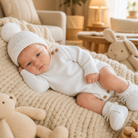Ensemble barboteuse et bonnet en tricot pour bébé Pinuotu, manches longues, pur coton, bonnet pompon blanc, nouveau-né, OEM ODM, tricot sur mesure