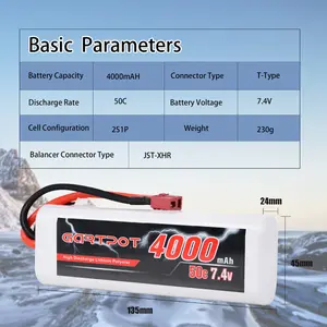 Rc Car Battery High C Rate Lipo Round Hard Case 50C RC Battery 2S 7.4V 4000mAh For RC Car Boat