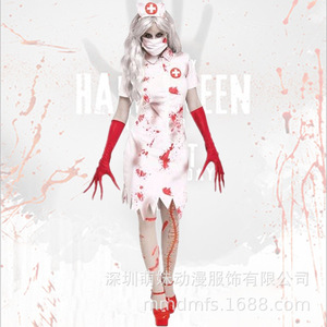 Costume d'infirmière zombie, robe blanche avec gants rouges et accessoires de tête pour Halloween, cosplay, jeu de rôle, femmes adultes, printemps 2025 - Product Image 1