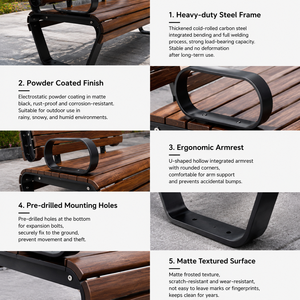 Banc de jardin en bois massif avec table latérale intégrée, structure en métal noir courbé, 3 places, pour espaces publics et jardins - Product Image 5