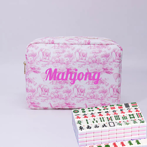 Expédition rapide Sac en toile de Jouy en nylon rose et bleu, Pochette en toile Safari, Grande pochette zippée en toile, Sac de rangement Mahjong américain - Product Image 2