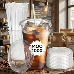 Custom Printed Thick Single Wall PET Beverage Cups with Lids and <b>Straws</b> for Boba/Bubble Tea - Product Image 1