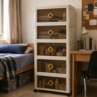 Armoire de rangement en plastique pour dortoir avec roues Porte transparente compacte Poignée dorée Étudiant Vêtements de chevet Snacks Petit espace Beige