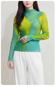 Blusa Elegante Casual para Mujer, Cuello Alto, Manga Larga, Ajustada, Plisada, Degradado Verde Azulado, de Chifón Ecológico, Venta al por Mayor - Product Image 4