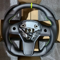 Volante Deportivo de Cuero con Calefacción y Costuras Personalizadas, Compatible con Tesla Model 3/Y, Diseño Deportivo con Base Plana