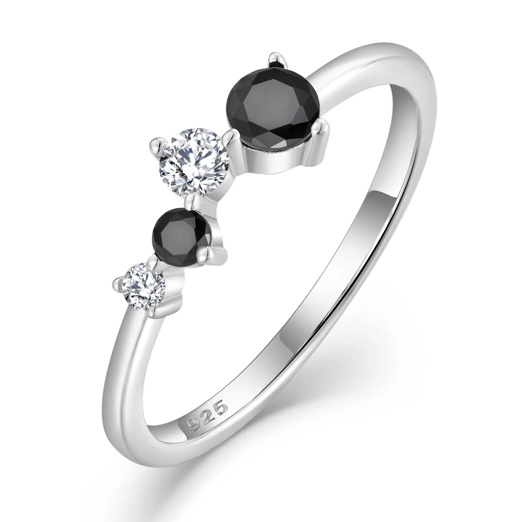 Vente en gros de bague de fiançailles ronde en argent sterling 925 avec diamant noir naturel CZ pour femme