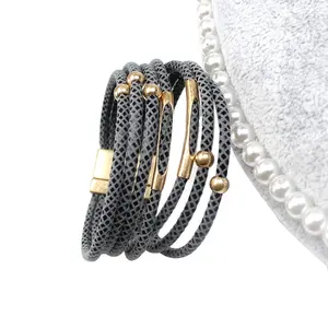 2021新纹理皮绳与圆形金属珠和黄铜管手镯珠宝